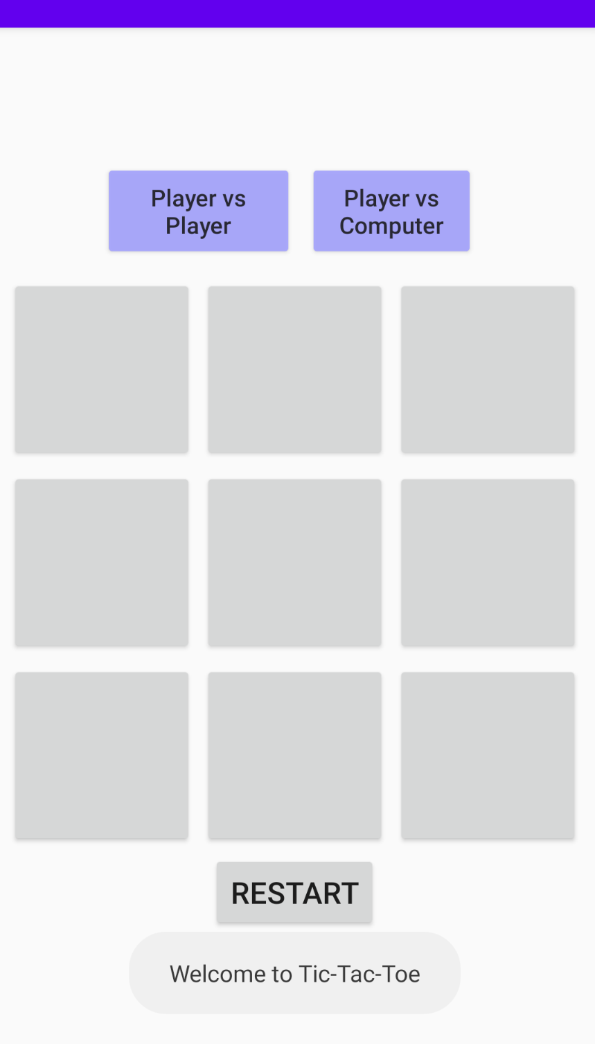 Example of game with successful welcome to Tic Tac Toe text displayed using toast