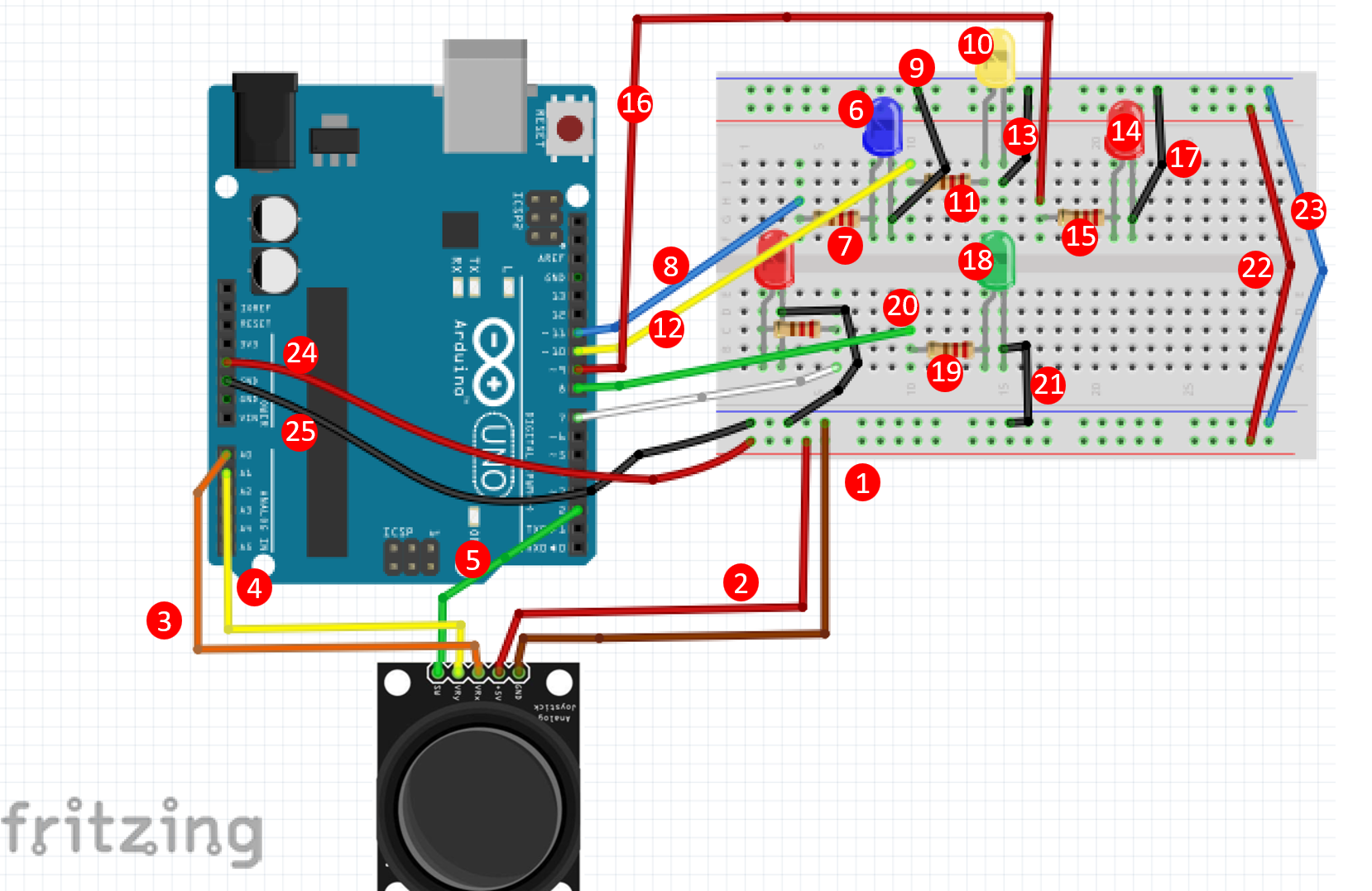 Alt Text: Wiring Diagram For Connecting Joystick and 5 LEDs