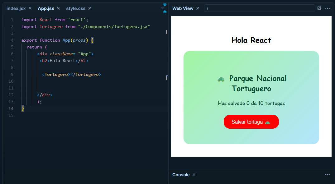 Tortugero component rendered in the app