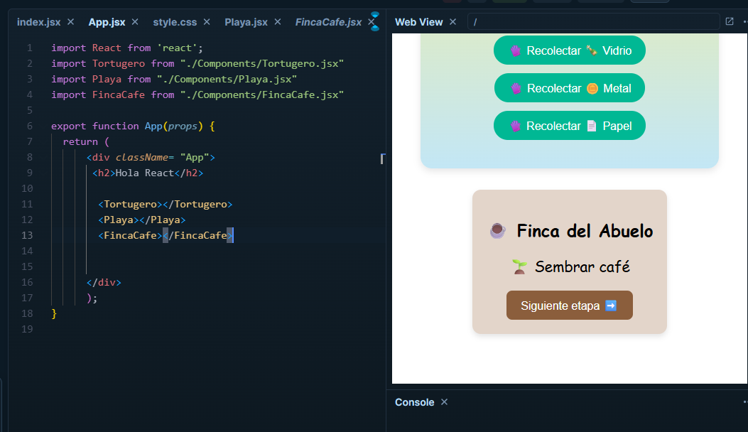 FincaCafe component rendered in the app