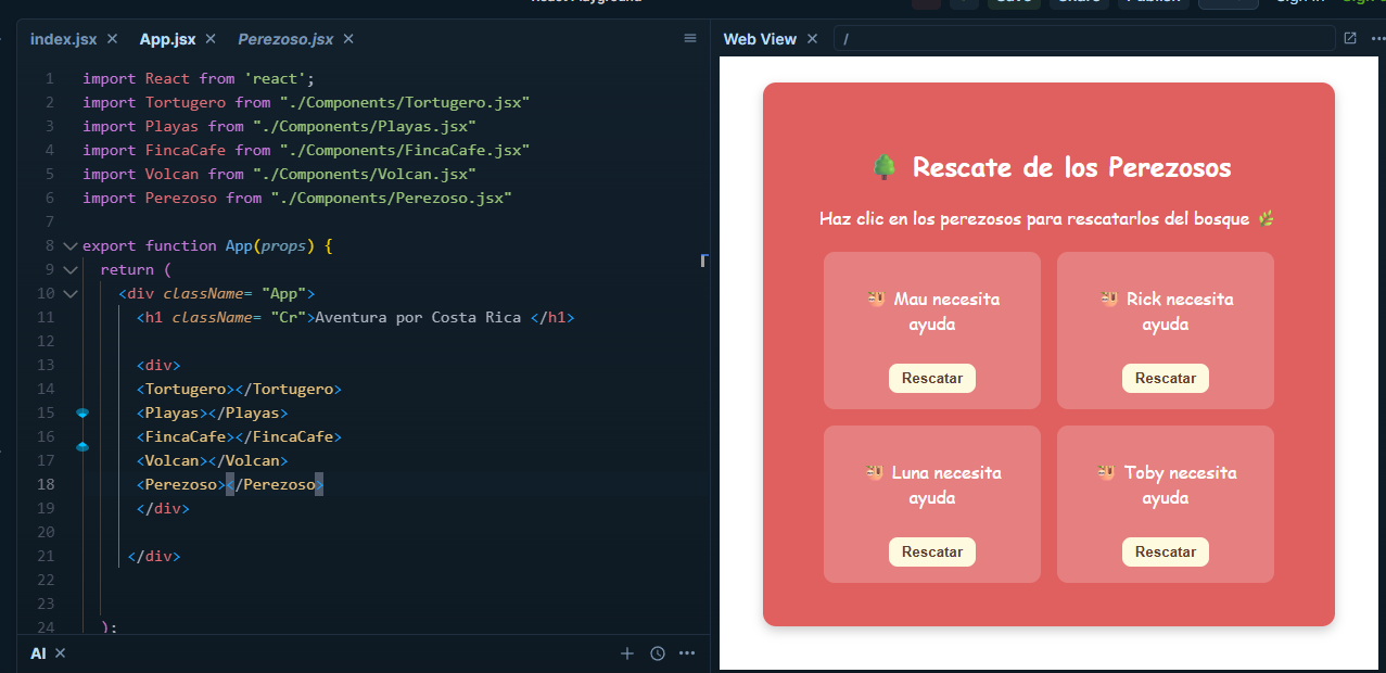 Perezosos component rendered in the app
