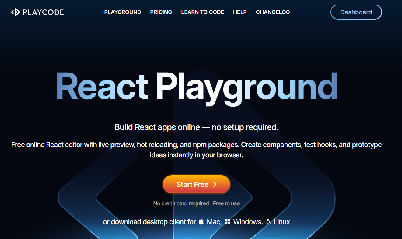 PlayCode start screen showing the free option
