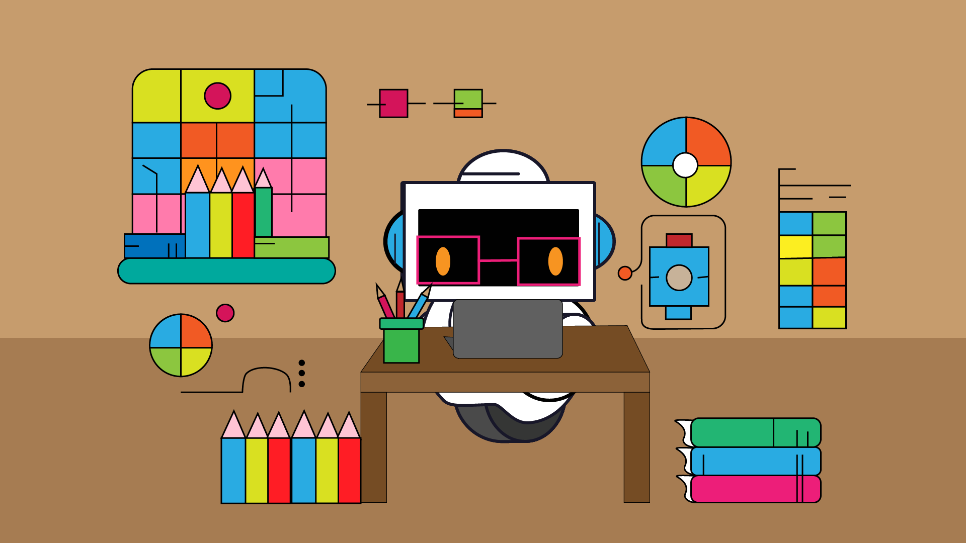 Illustration of a friendly chatbot welcoming users to the workshop