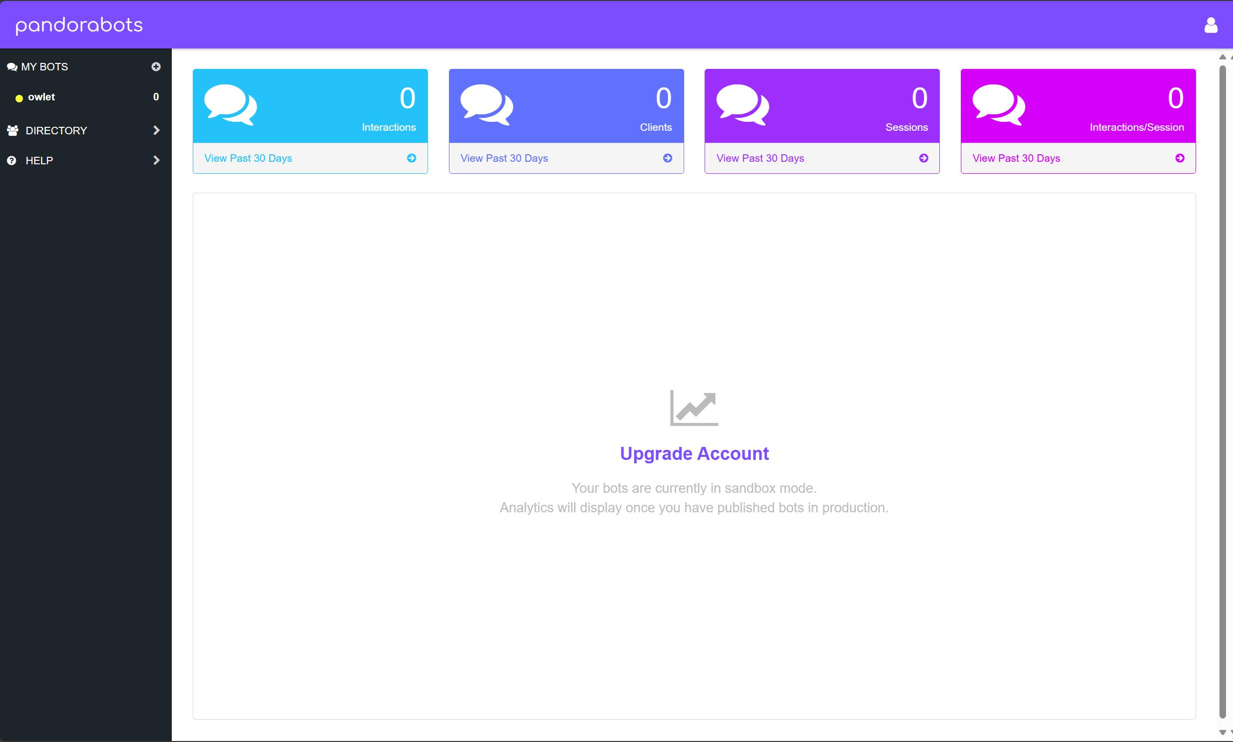 new account landing page on pandorabots