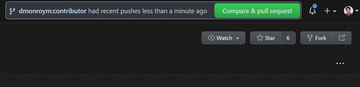 Screenshot showing the Compare and Pull Request button on GitHub
