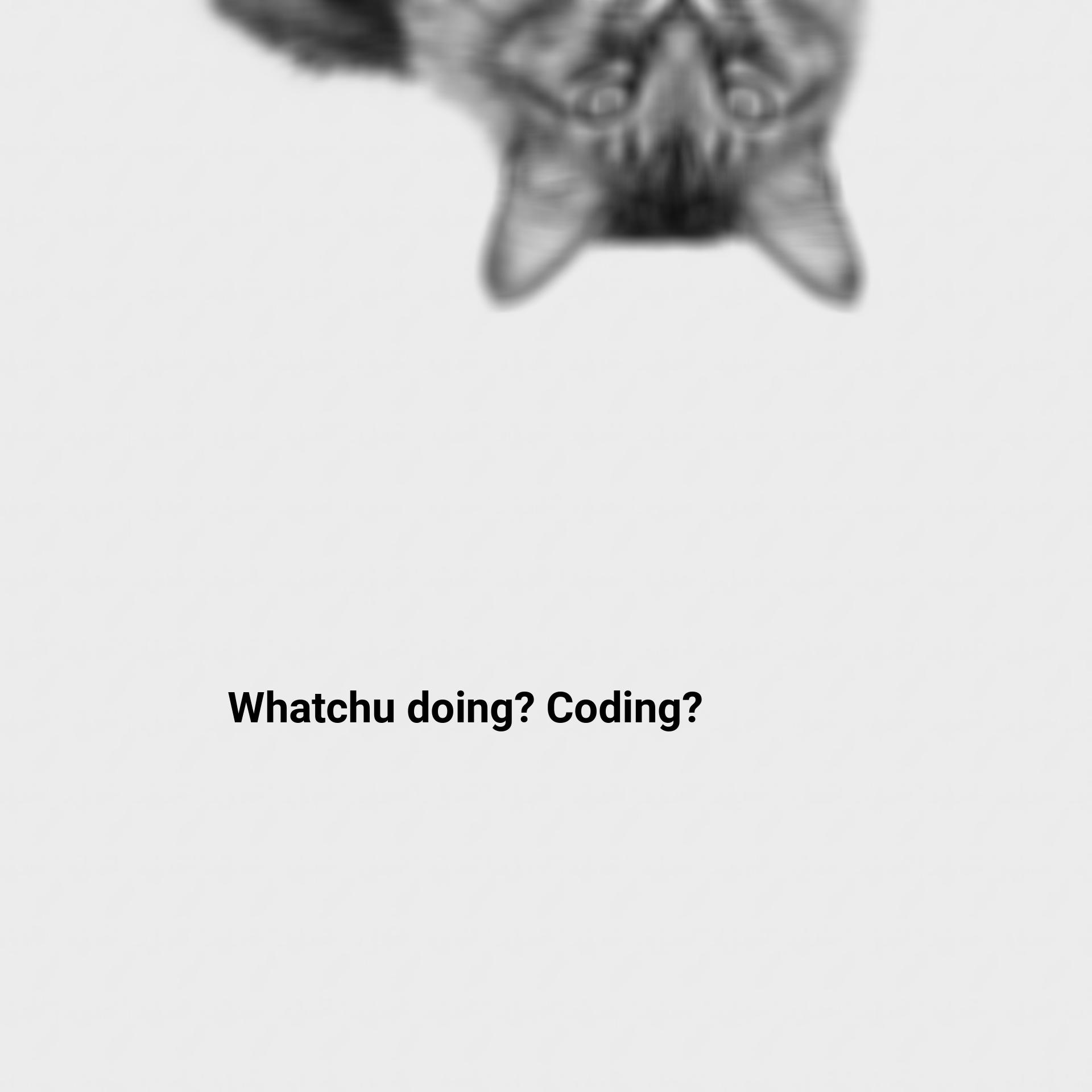 blurred black and white cat upside down with text saying `whatchu doing? coding?` with bigger font