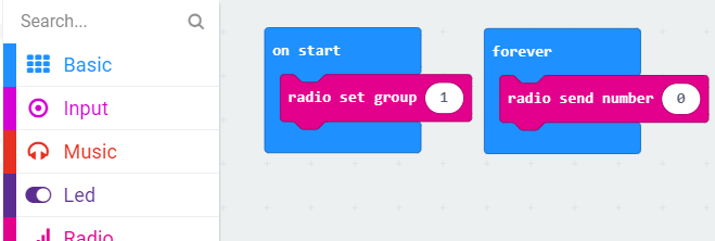 MakeCode workspace showing the &ldquo;radio send number&rdquo; block in the &ldquo;forever&rdquo; block