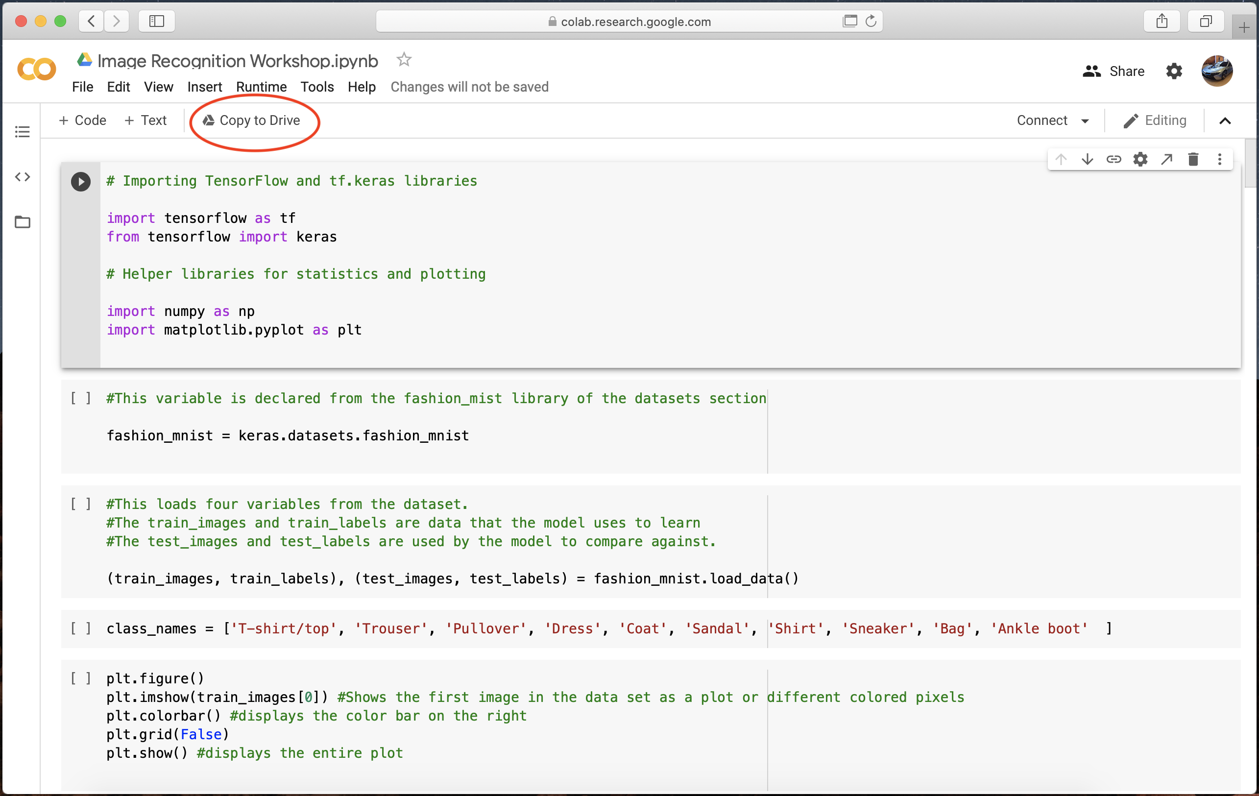Screenshot of Google Colab Notebook with &ldquo;Copy to Drive button selection highighted&rdquo;