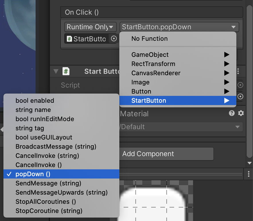 Selecting popDown() function to activate when StartButton is clicked
